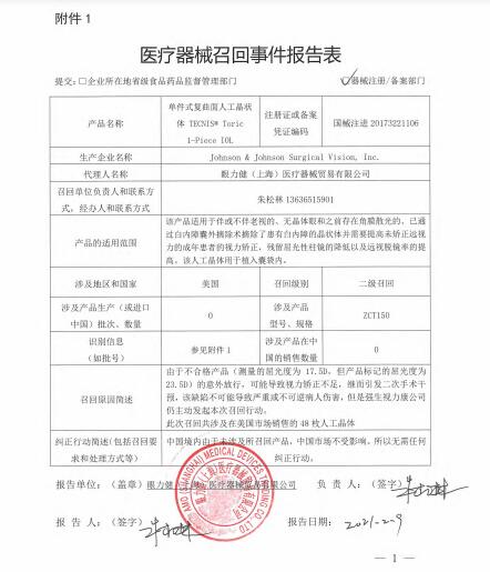 Johnson & Johnson Surgical Vision, Inc.對單件式復(fù)曲面人工晶狀體TECNIS? Toric 1-Piece IOL主動(dòng)召回
