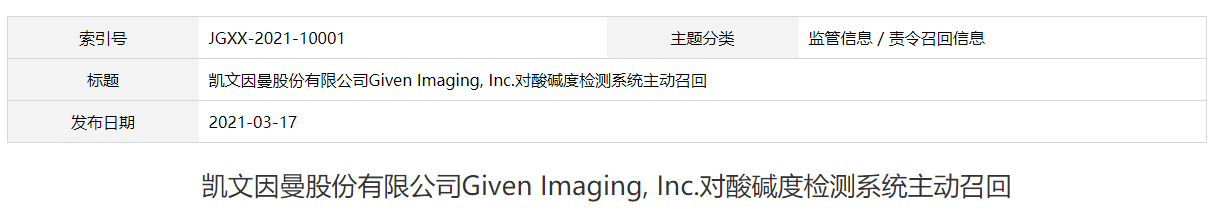 凱文因曼股份有限公司Given Imaging, Inc.對酸堿度檢測系統(tǒng)主動召回