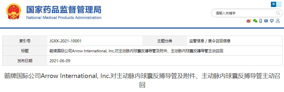 箭牌國際公司Arrow International, Inc.對主動脈內(nèi)球囊反搏導管及附件、主動脈內(nèi)球囊反搏導管?主動召回