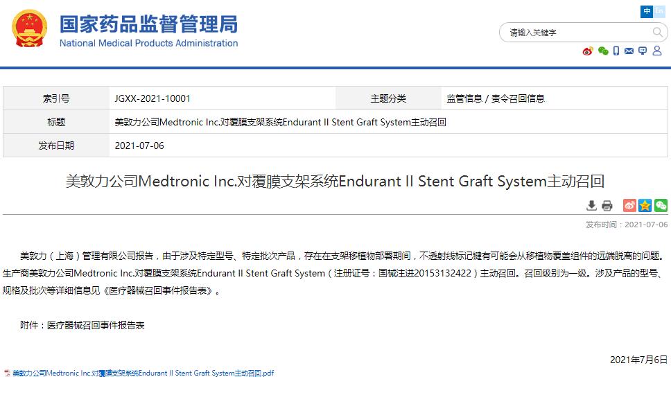 美敦力公司Medtronic Inc.對覆膜支架系統(tǒng)Endurant II Stent Graft System主動召回