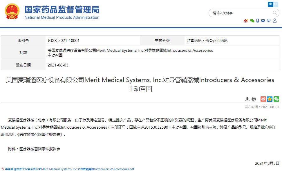 美國麥瑞通醫(yī)療設(shè)備有限公司Merit Medical Systems, Inc.對導(dǎo)管鞘器械Introducers & Accessories主動(dòng)召回