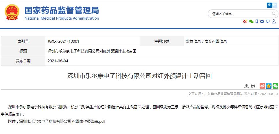 深圳市樂爾康電子科技有限公司對紅外額溫計(jì)主動(dòng)召回